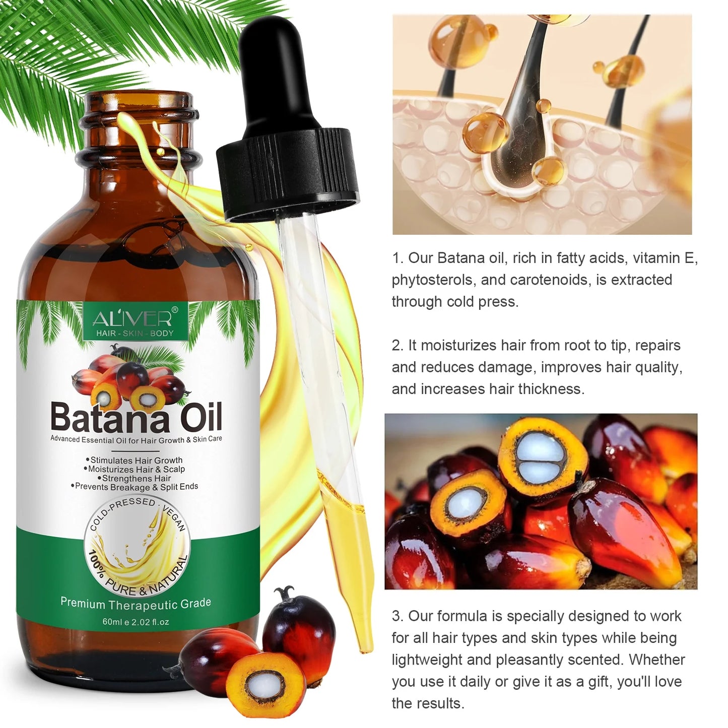Batana Oil-Natural Conditioner-Moisturizes Hair & Scalp-100% Pure & Natural Organic Essential Oil for Hair,Skin-2.02 Fl.Oz