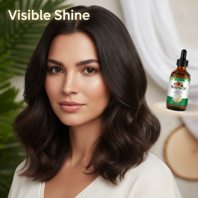 A diverse woman with shiny, healthy hair smiles confidently, with a bottle of Batana Oil in the soft-focus background.