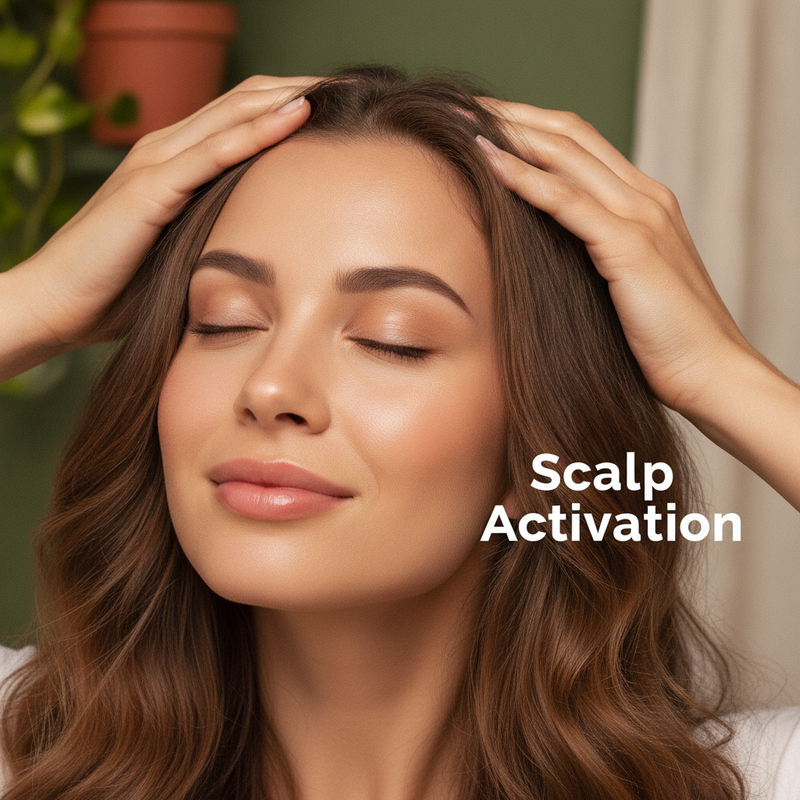 A woman with radiant hair massages Batana oil into her scalp, eyes closed in bliss. Soft forest green and cream background.