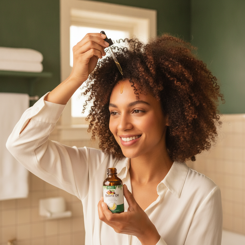 A diverse woman with thick, shiny hair smiles while applying Batana Oil to her scalp in a modern, cream-colored bathroom.