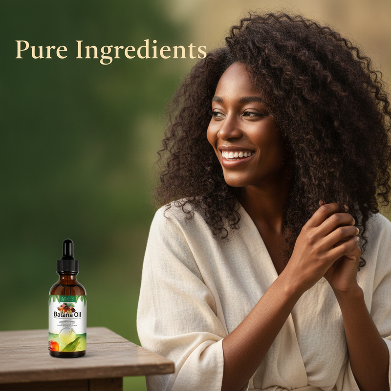 A diverse woman with glowing, healthy hair smiles, touching her hair. A bottle of Batana Oil is subtly visible nearby. Overla