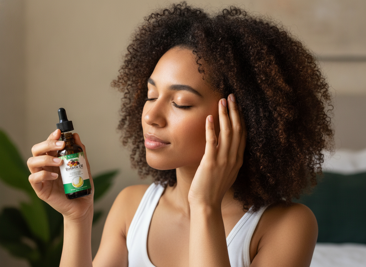 A woman with curly hair massages Batana Oil into her scalp, showcasing the product in a natural, hydrated hair care routine.