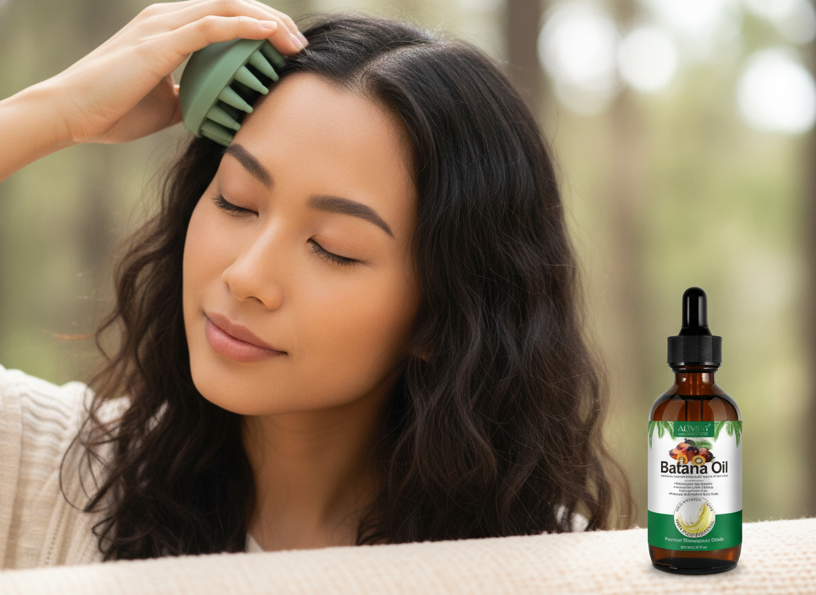 Close-up of a person with diverse representation massaging their scalp with a silicone massager, a bottle of Batana Oil visib
