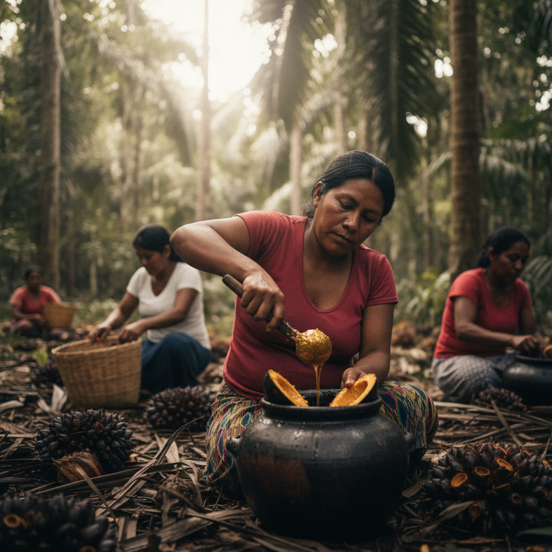 Indigenous people in Central America harvesting batana oil from palm trees in a lush forest, representing traditional methods