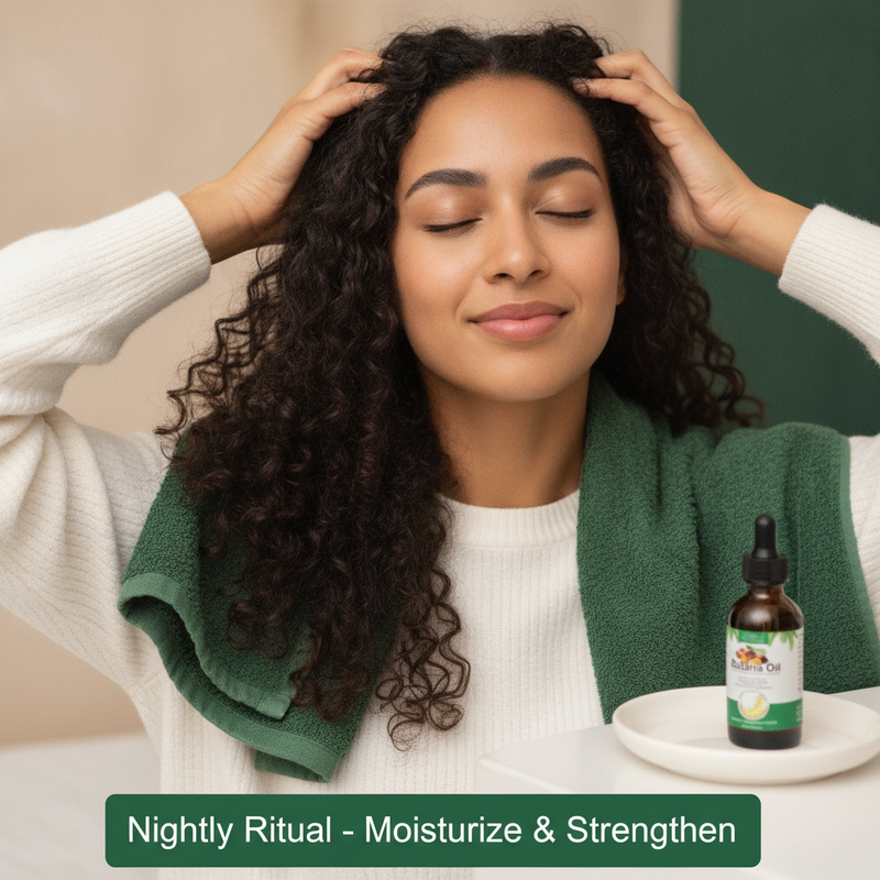 A woman gently massages Batana oil into her hair at night, showing a self-care routine with natural hair product.